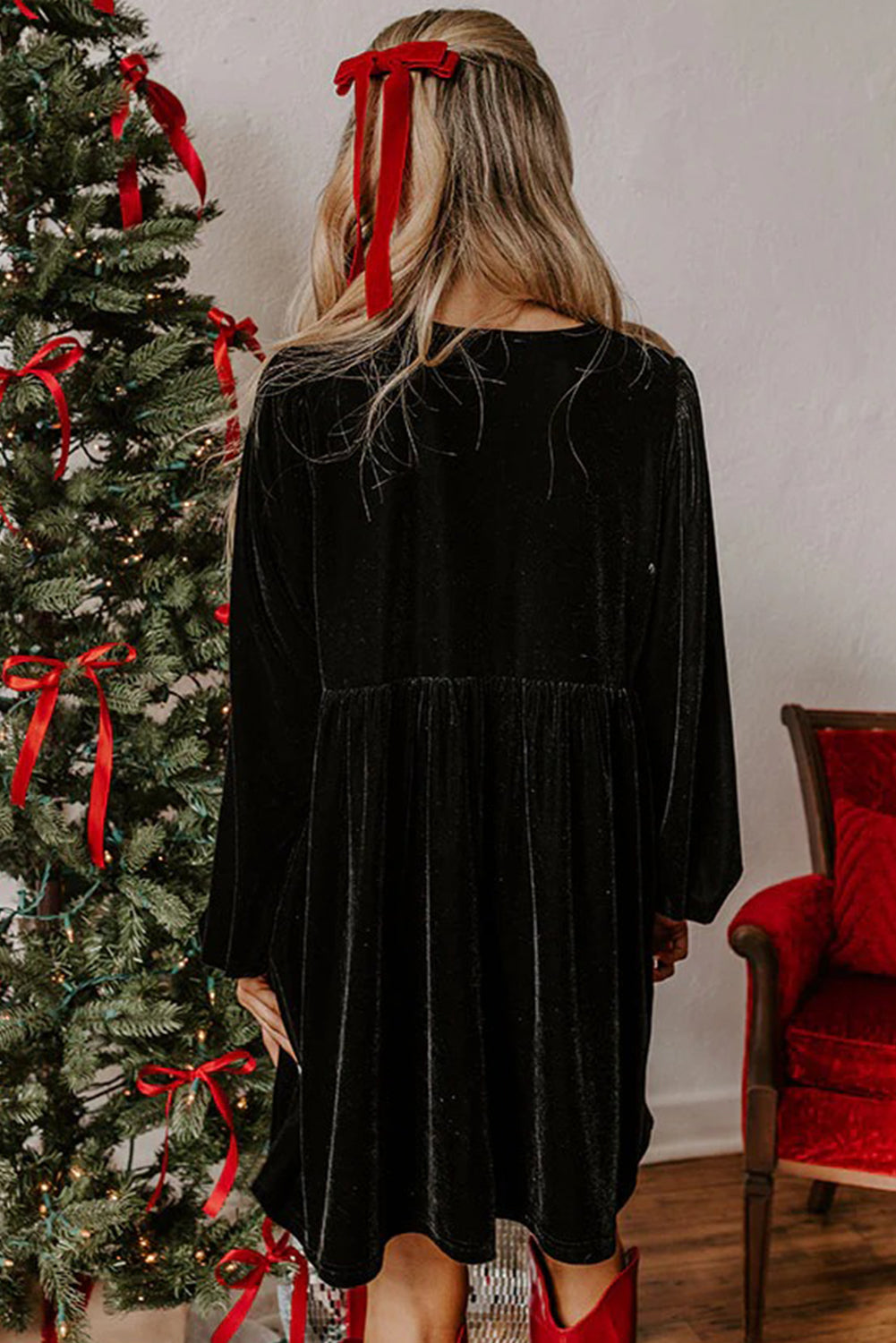 Black Velvet Bubble Sleeve Mini Dress