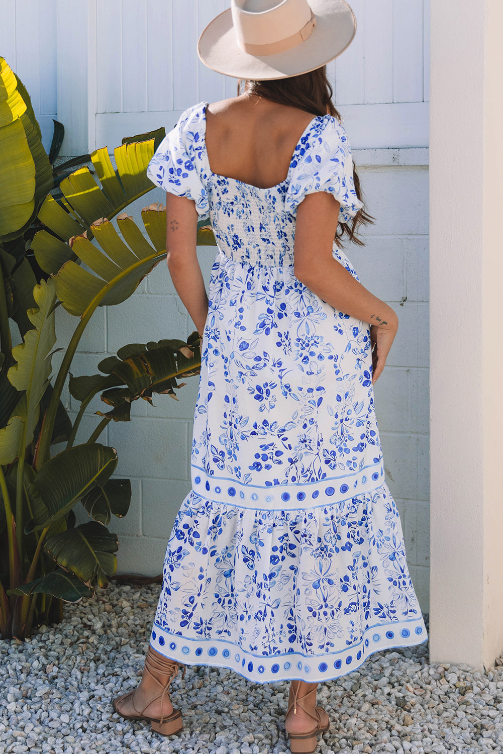 Sky Blue Floral Bubble Sleeve Maxi Dress