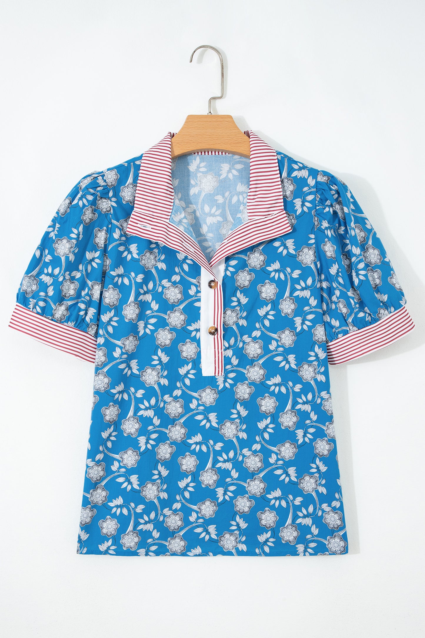 Retro Blue Floral Print Blouse
