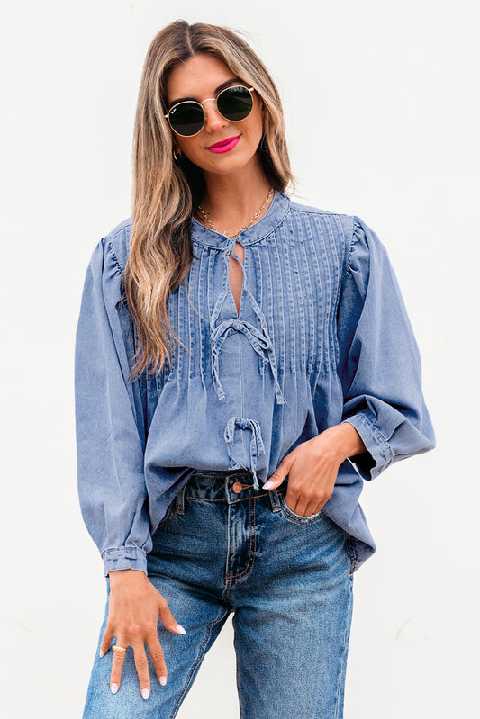 Denim Front Tie Puff Sleeve Top
