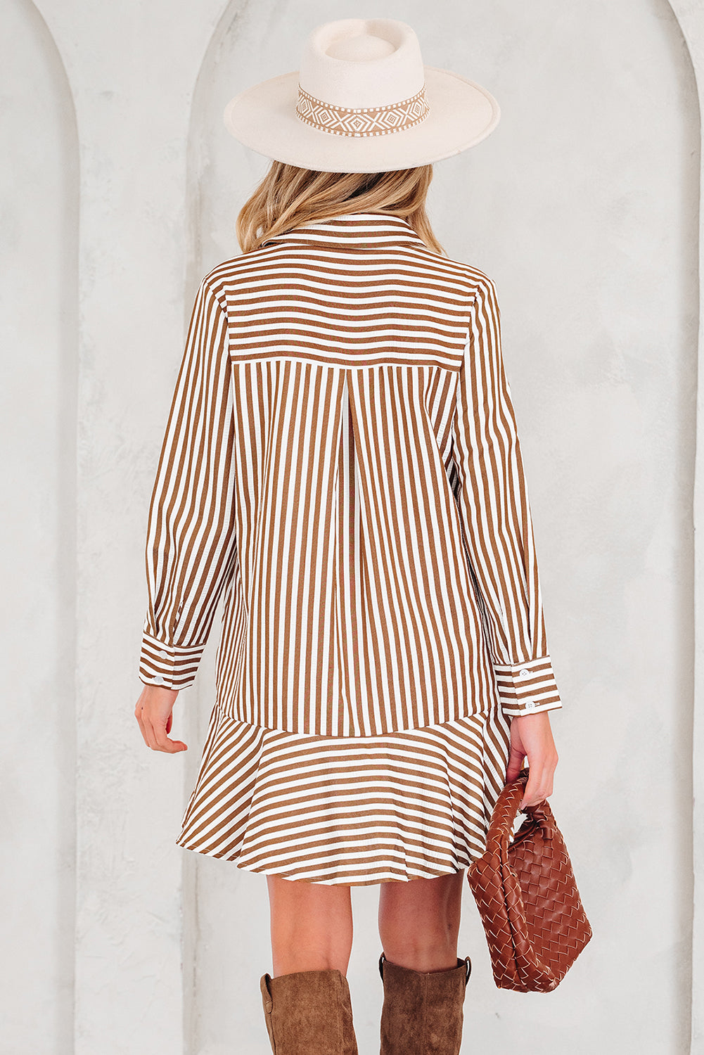 Brown Stripe Ruffled Hem Shirt Dress