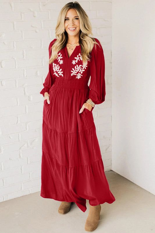 Racing Red Embroidered Detail Maxi Dress
