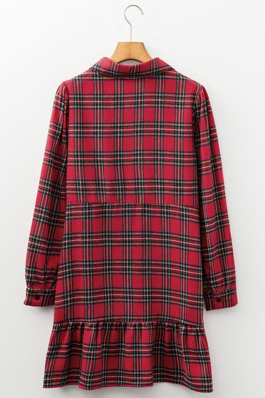 Red Plaid Ruffle Hem Mini Shirt Dress