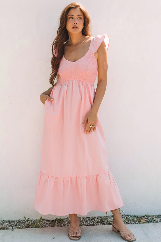 Flutter Sleeve Smocked Waist Maxi Dress