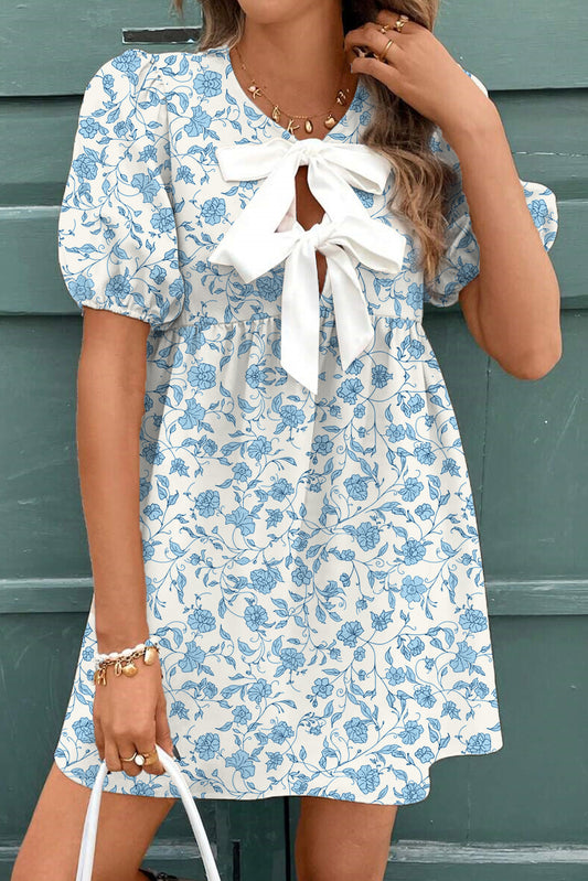 Sky Blue Puff Sleeve Mini Dress in Floral or Leopard