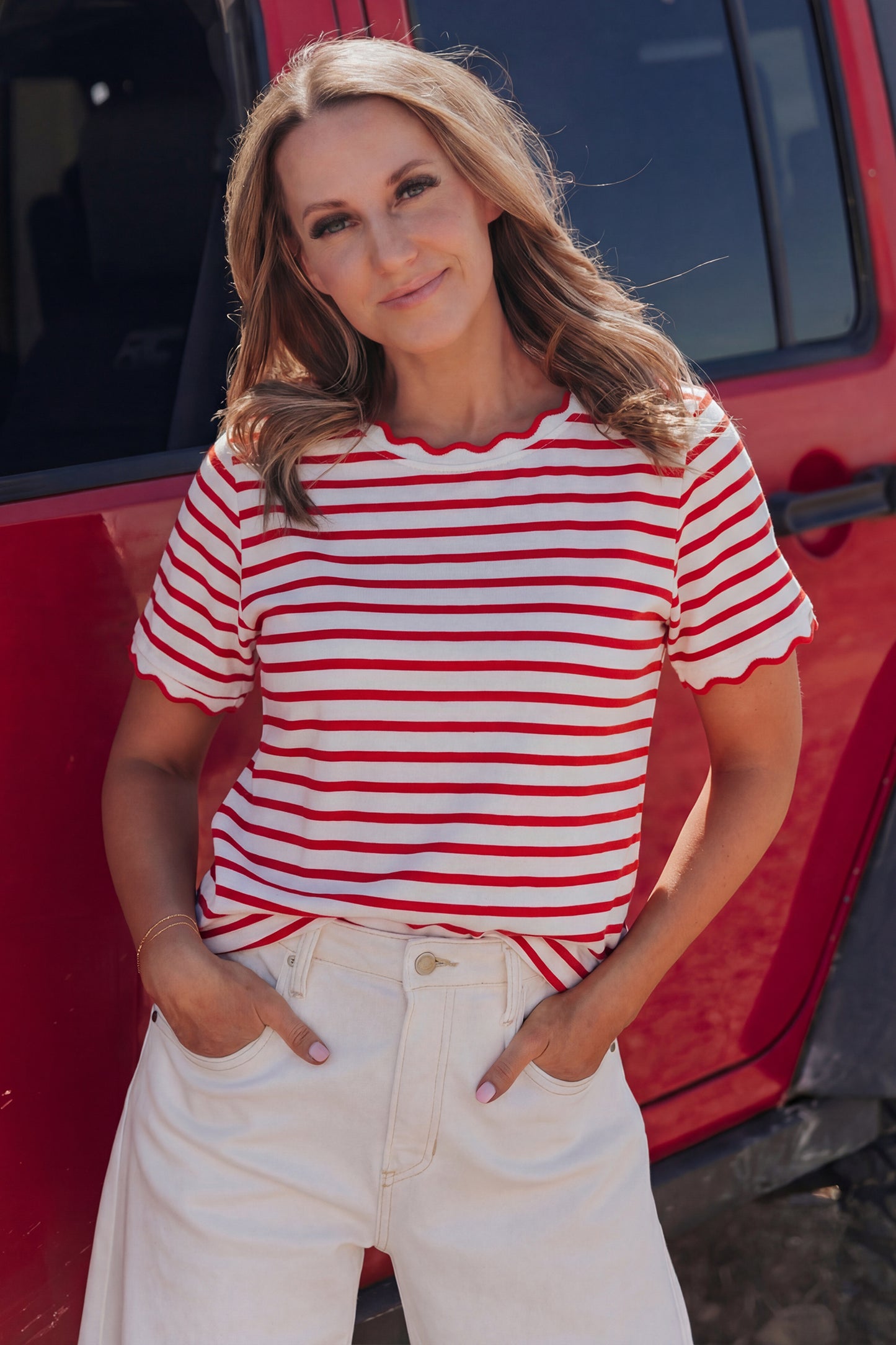 Red Stripe Scalloped Trim Tee