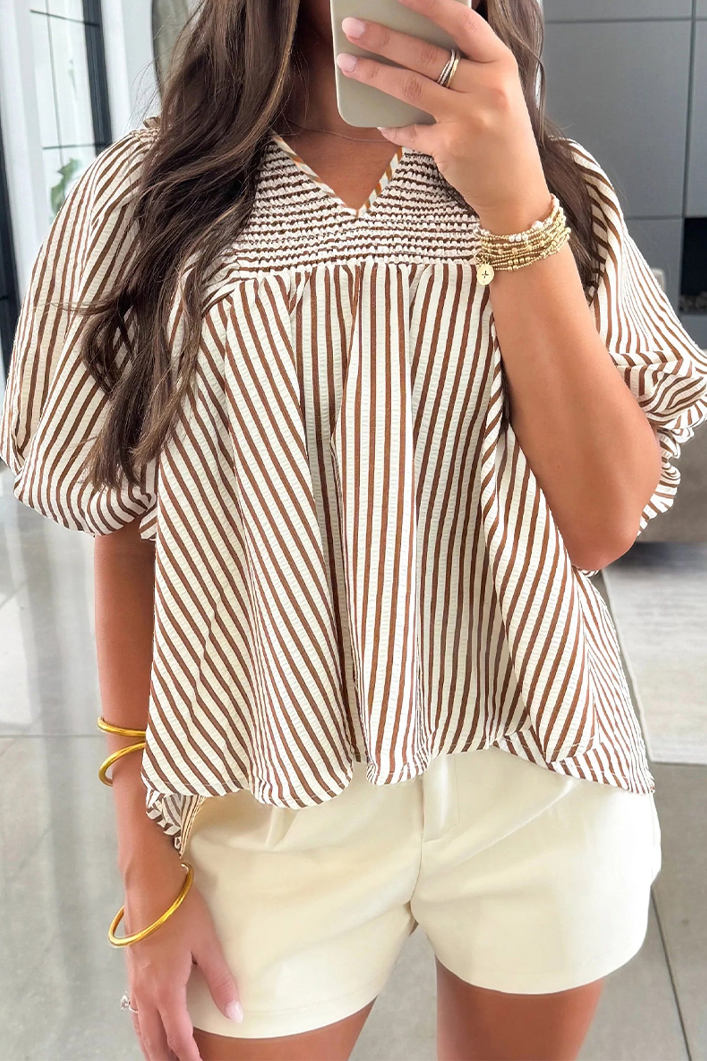Brown Striped Shirred Blouse