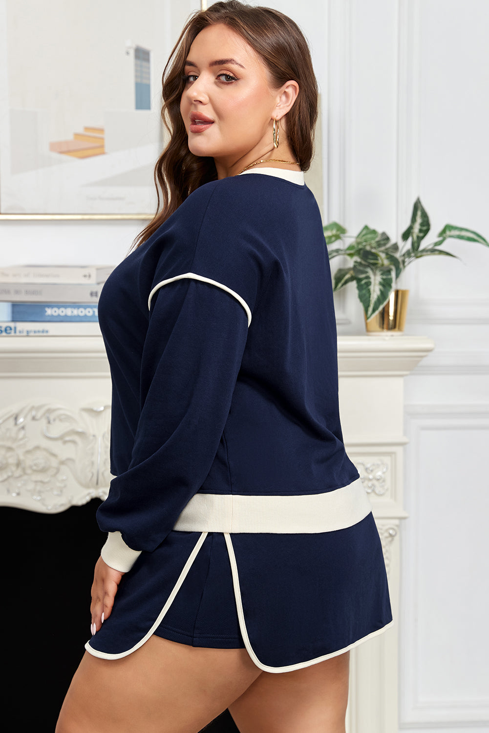 Navy Top and Lace-up Skirt Plus Size 2pc Set