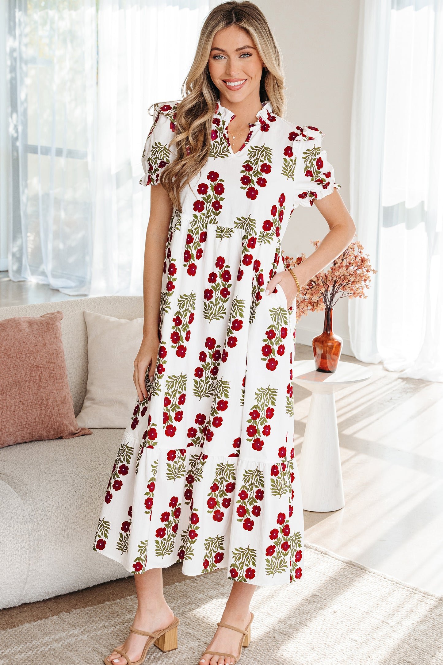 Floral Bubble Sleeve Maxi Dress