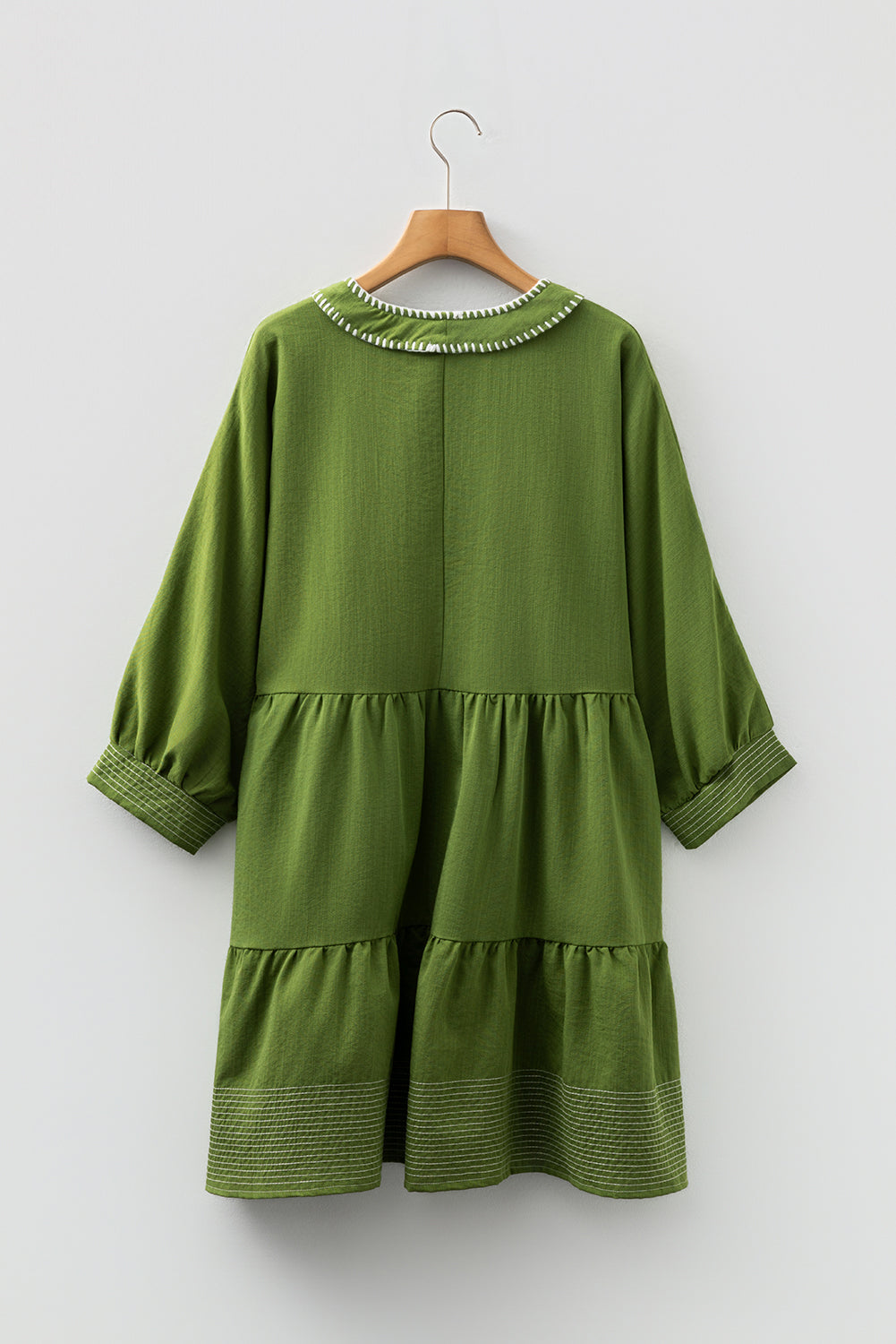 Olive Green Contrast Stitched Tiered Mini Dress
