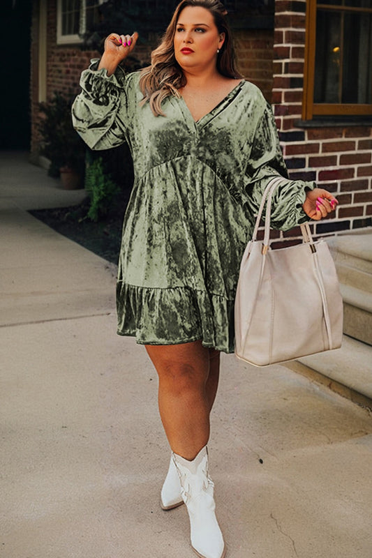 Velvet Plus Size Babydoll Dress in Jungle Green