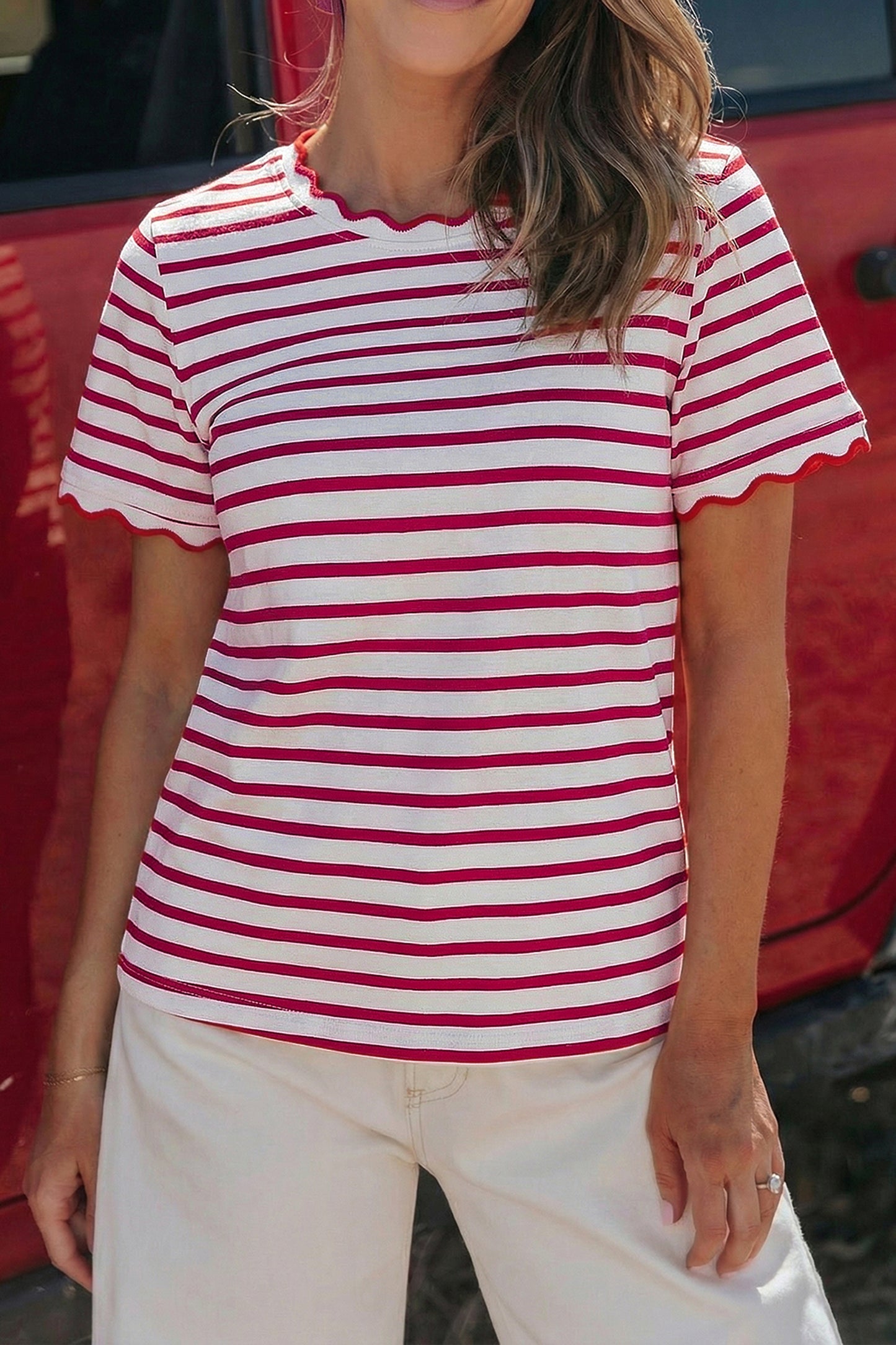 Red Stripe Scalloped Trim Tee