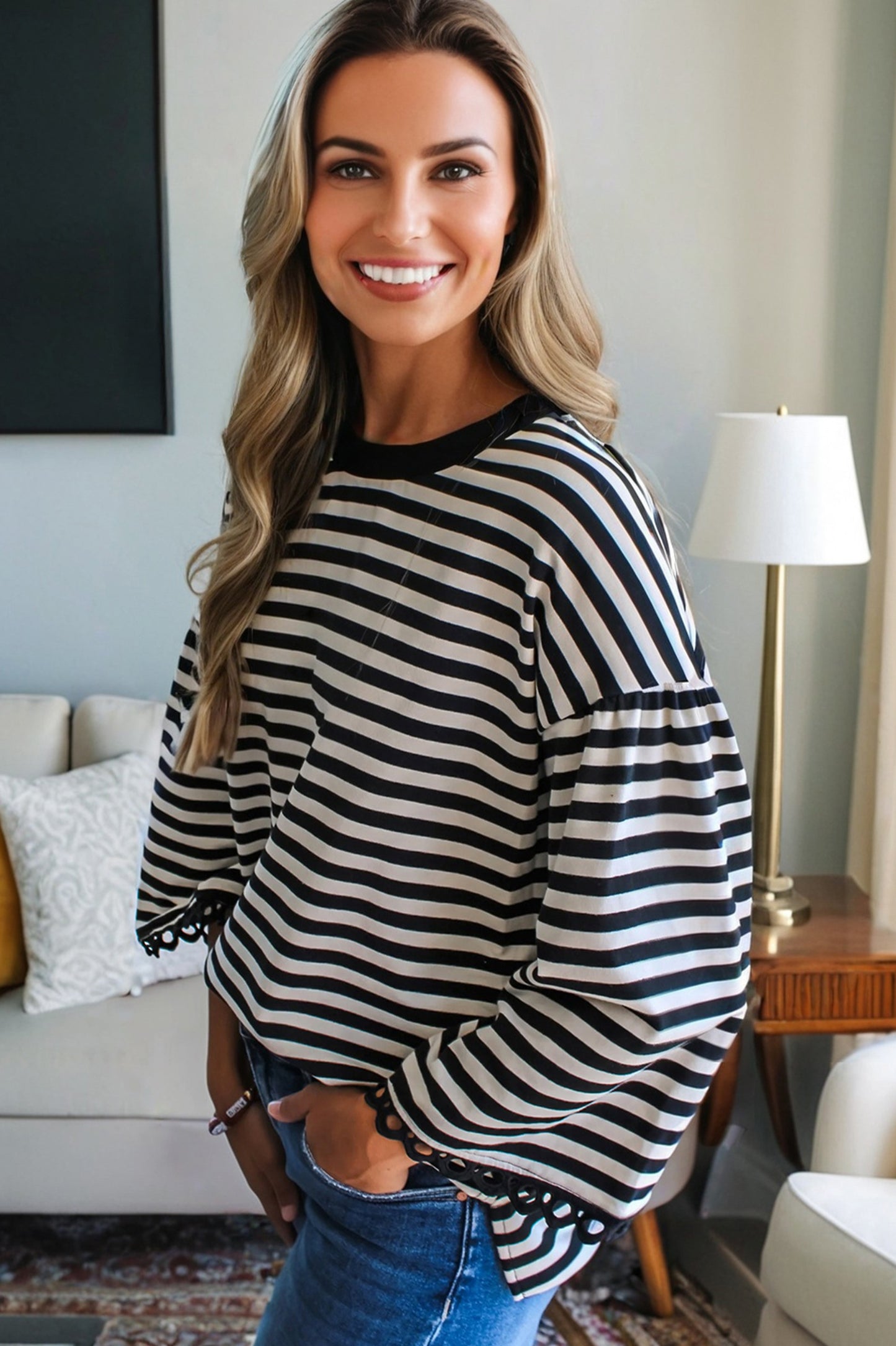 Black Striped Lace Trim Top