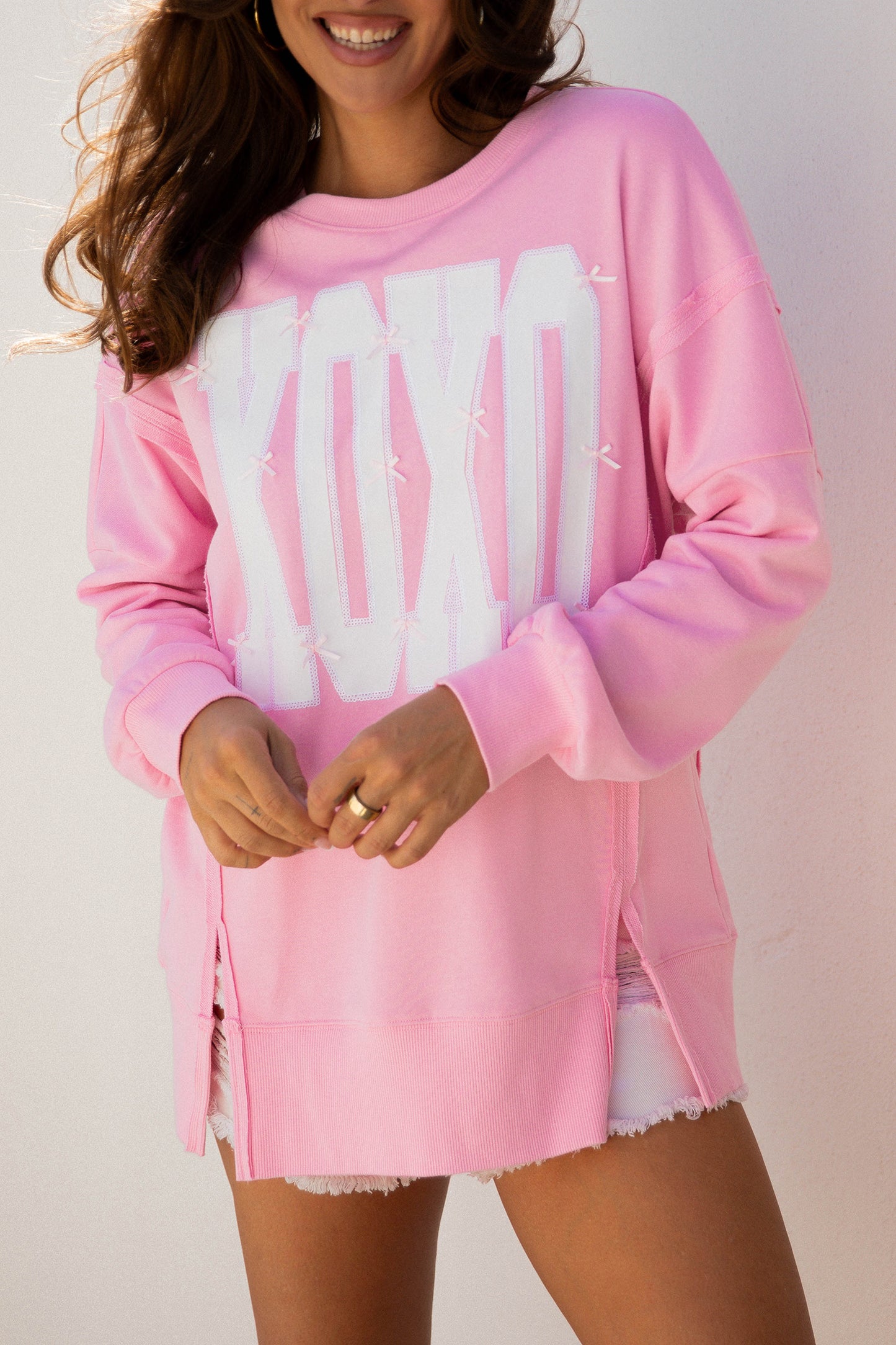 Sequined XOXO and Bow Detail Sweatshirt