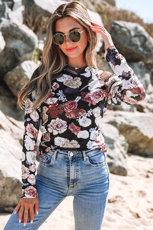 Floral Print Mesh Long Sleeve Top