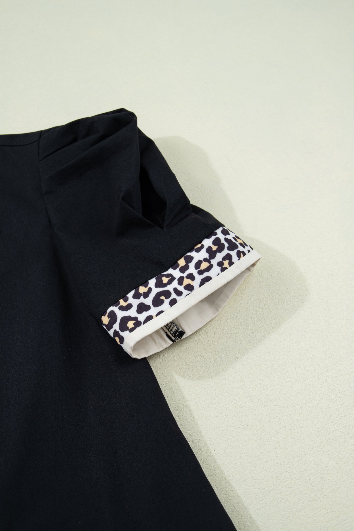 Black Leopard Trim Puff Sleeve Mini Dress