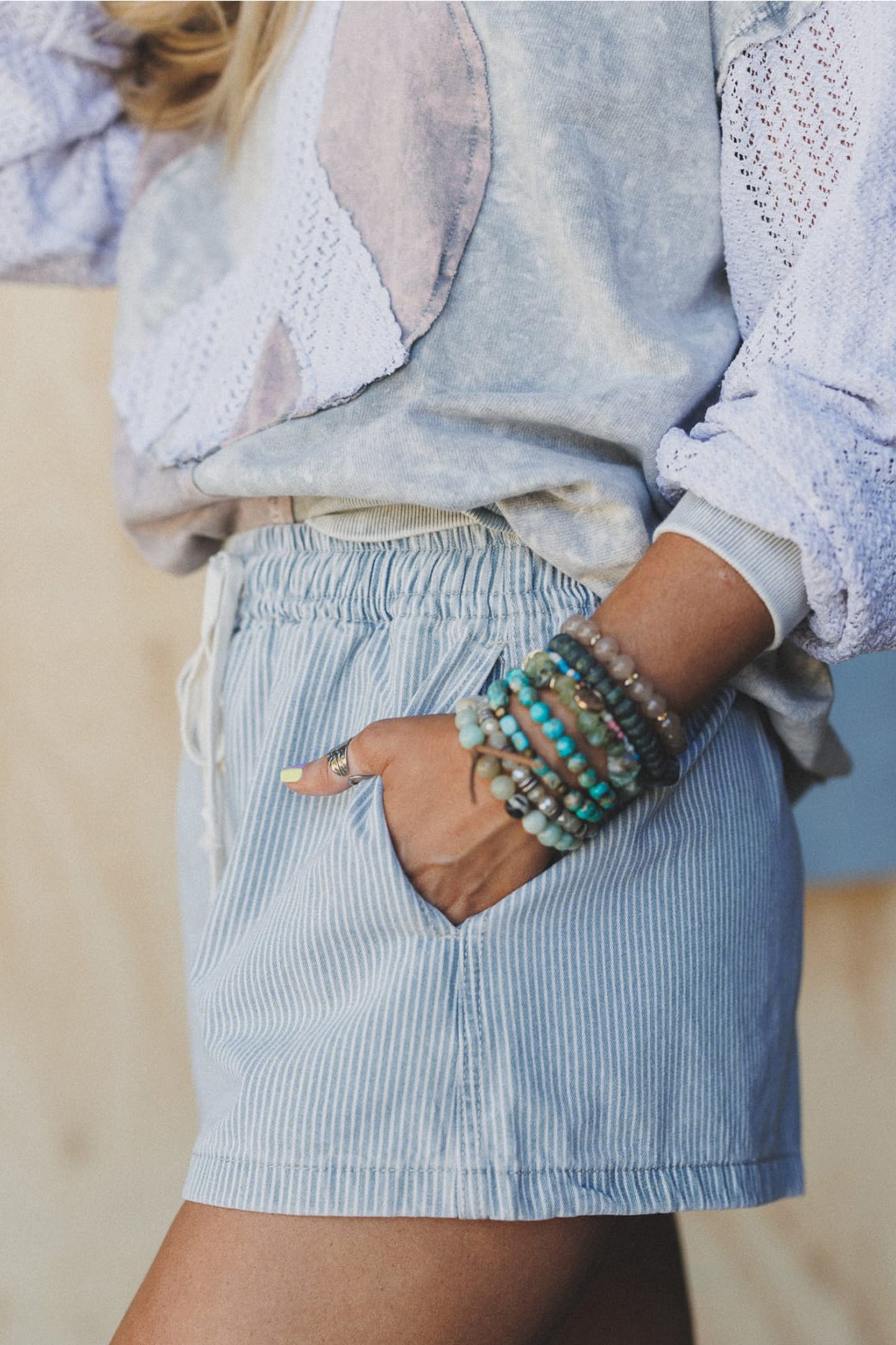 Sky Blue Striped Denim Shorts