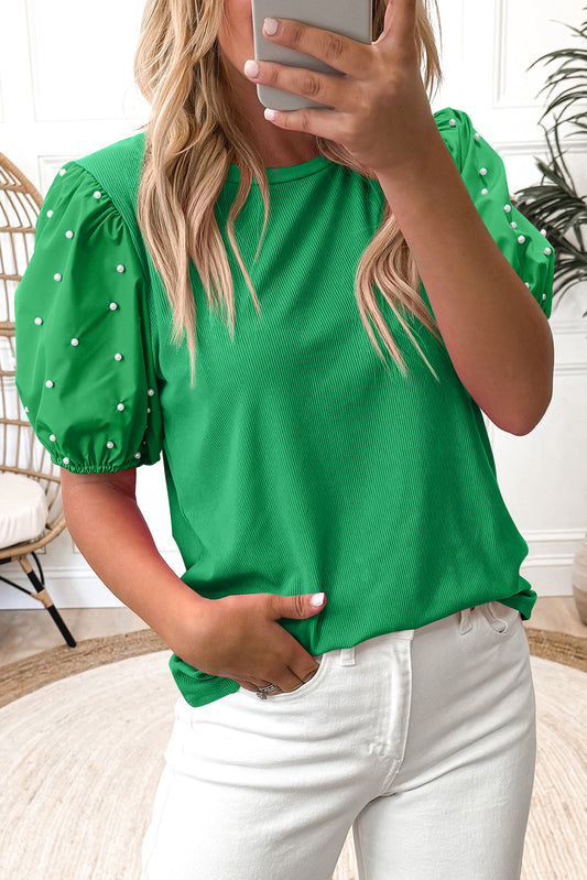 Beaded Puff Sleeve Top in Green