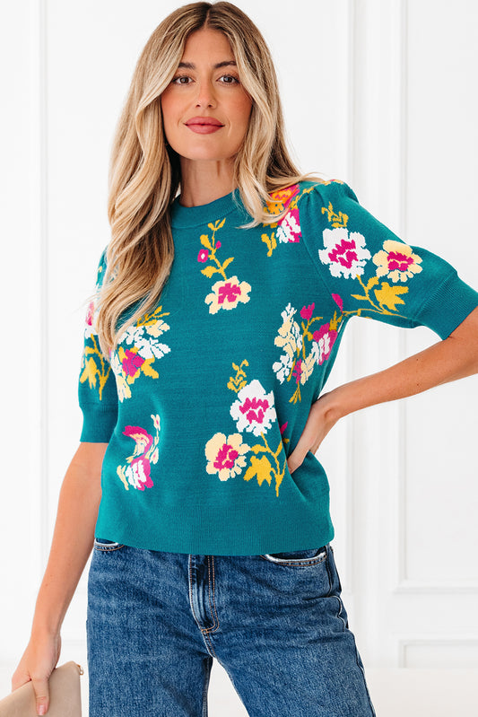 Blue Floral Knitted Top