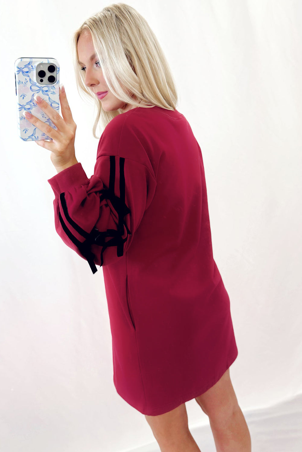 Red Sweatshirt Dress with Bow Sleeves
