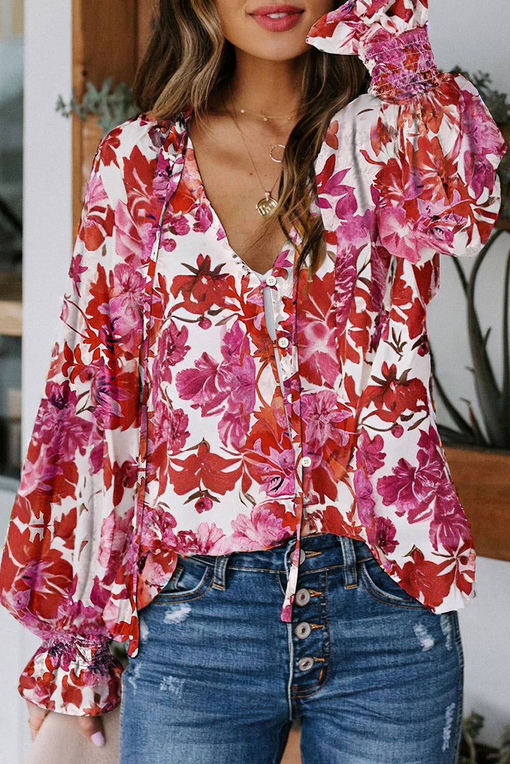 Cakewalk Smocked Floral Blouse