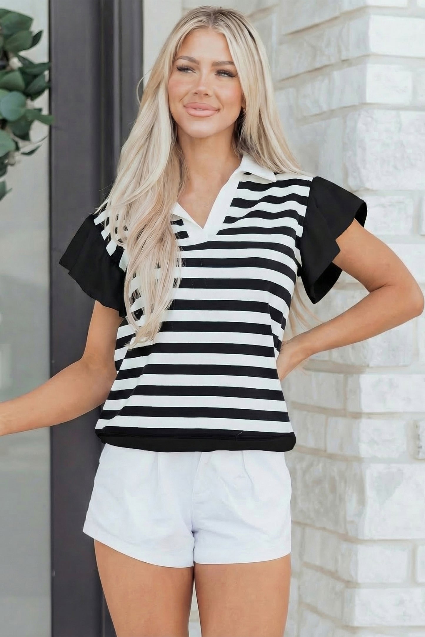 Striped Ruffled Sleeve Blouse