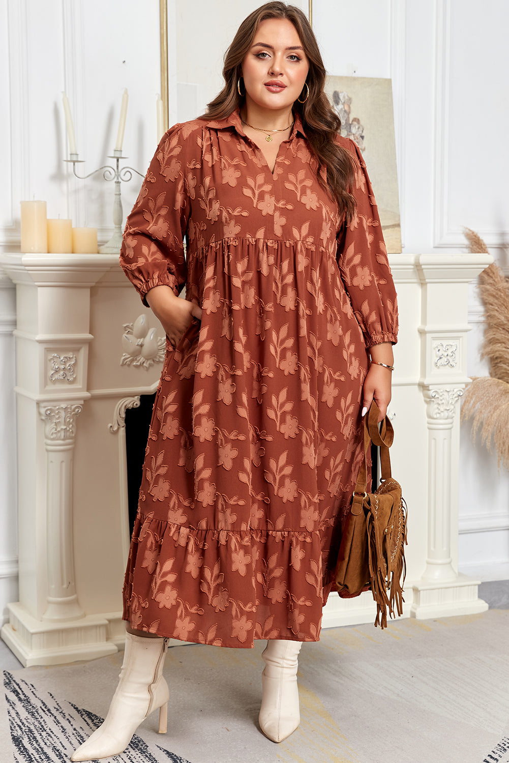 Cinnamon Flower Pattern Ruffle Hem Plus Size Dress