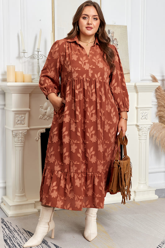 Cinnamon Flower Pattern Ruffle Hem Plus Size Dress