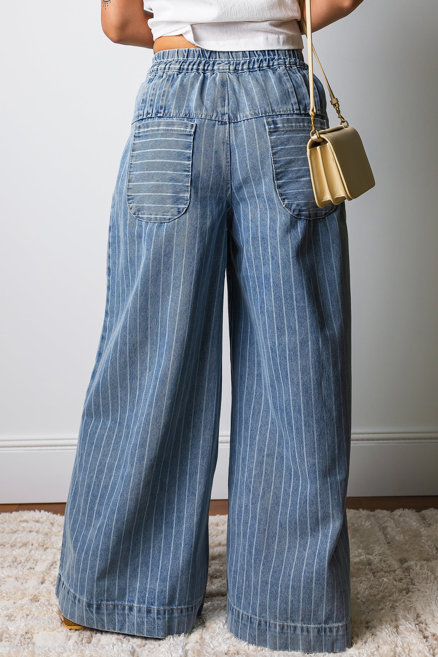 Blue Striped Pleated Wide Leg Jeans