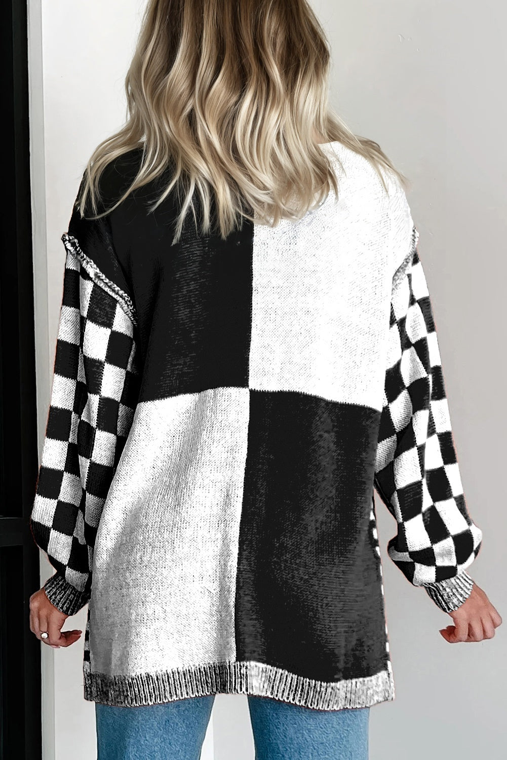 Black Checkered Bubble Sleeve Plus Size Cardigan