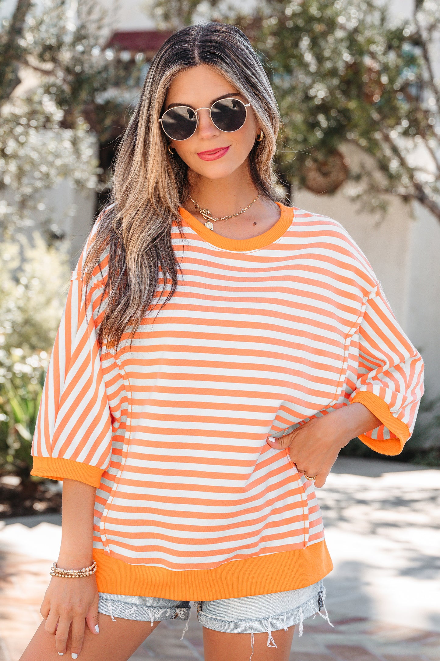 Orange Striped Pullover Top