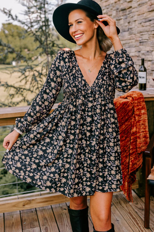 Black Floral Smocked Babydoll Dress