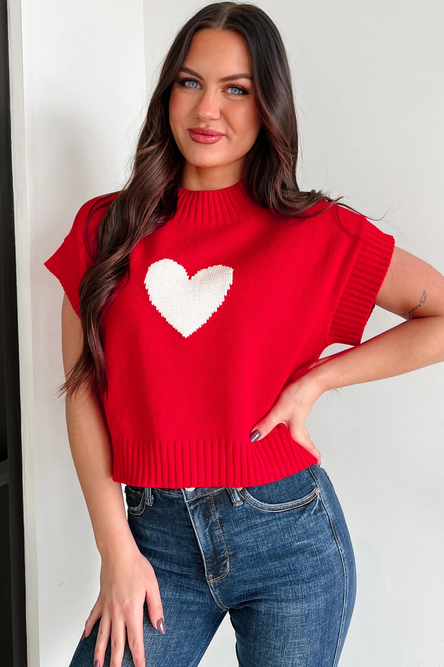 Red Heart Cropped Sweater