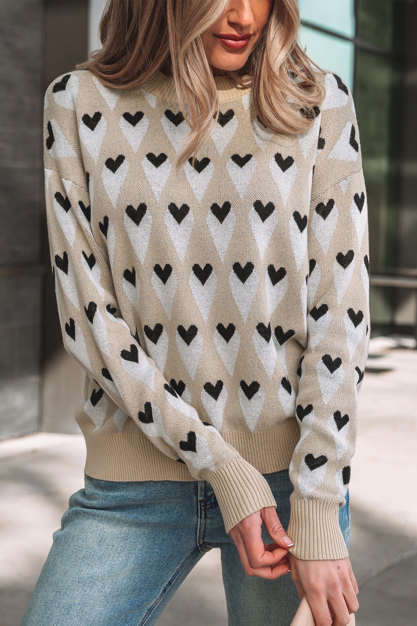 Geometric Heart Print Ribbed Sweater