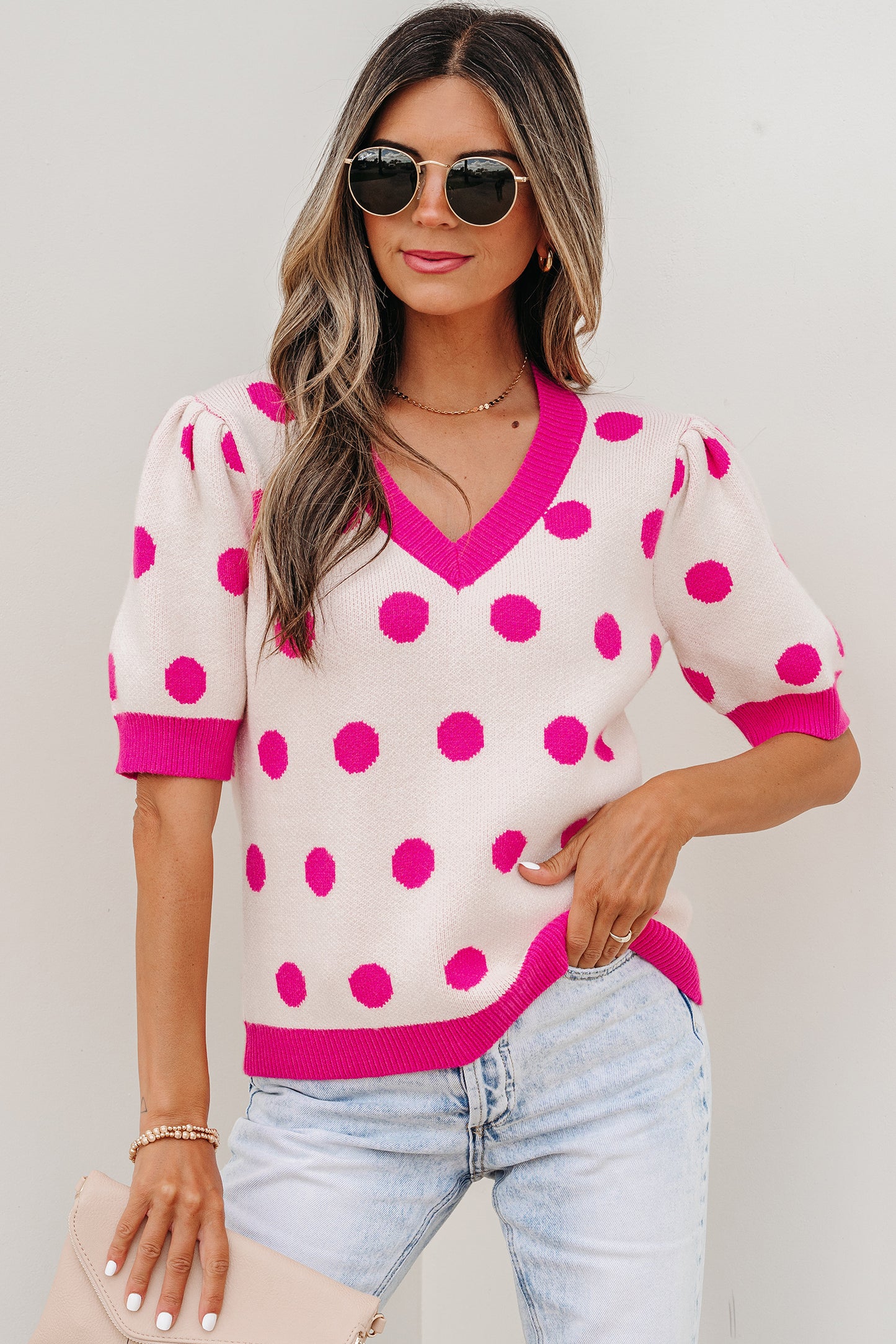 Polka Dot Puff Short Sleeve Sweater