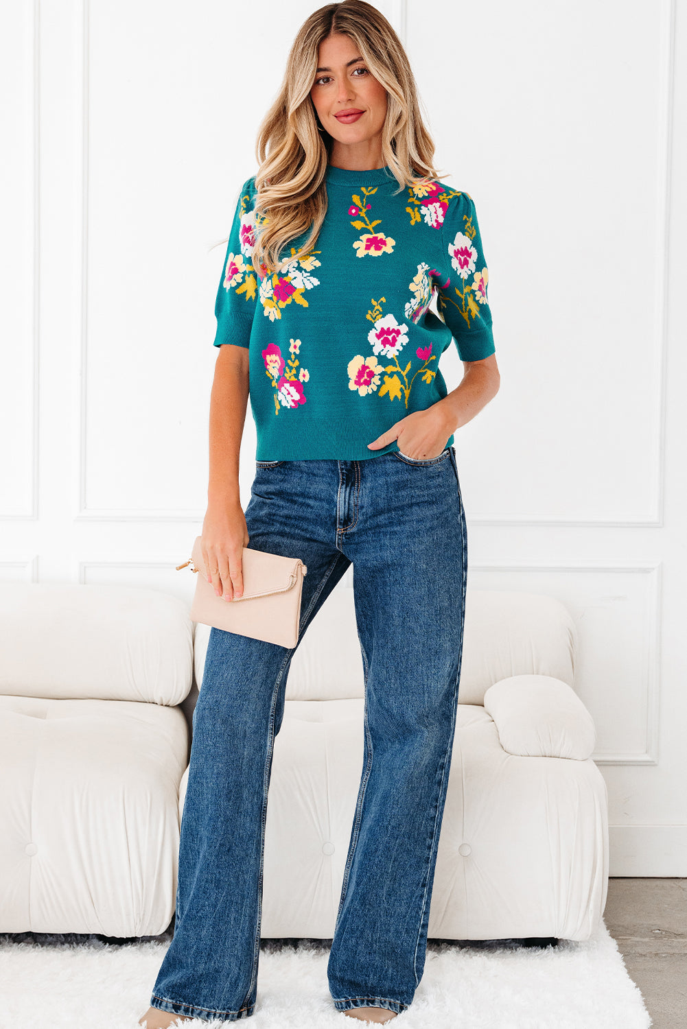 Blue Floral Knitted Top