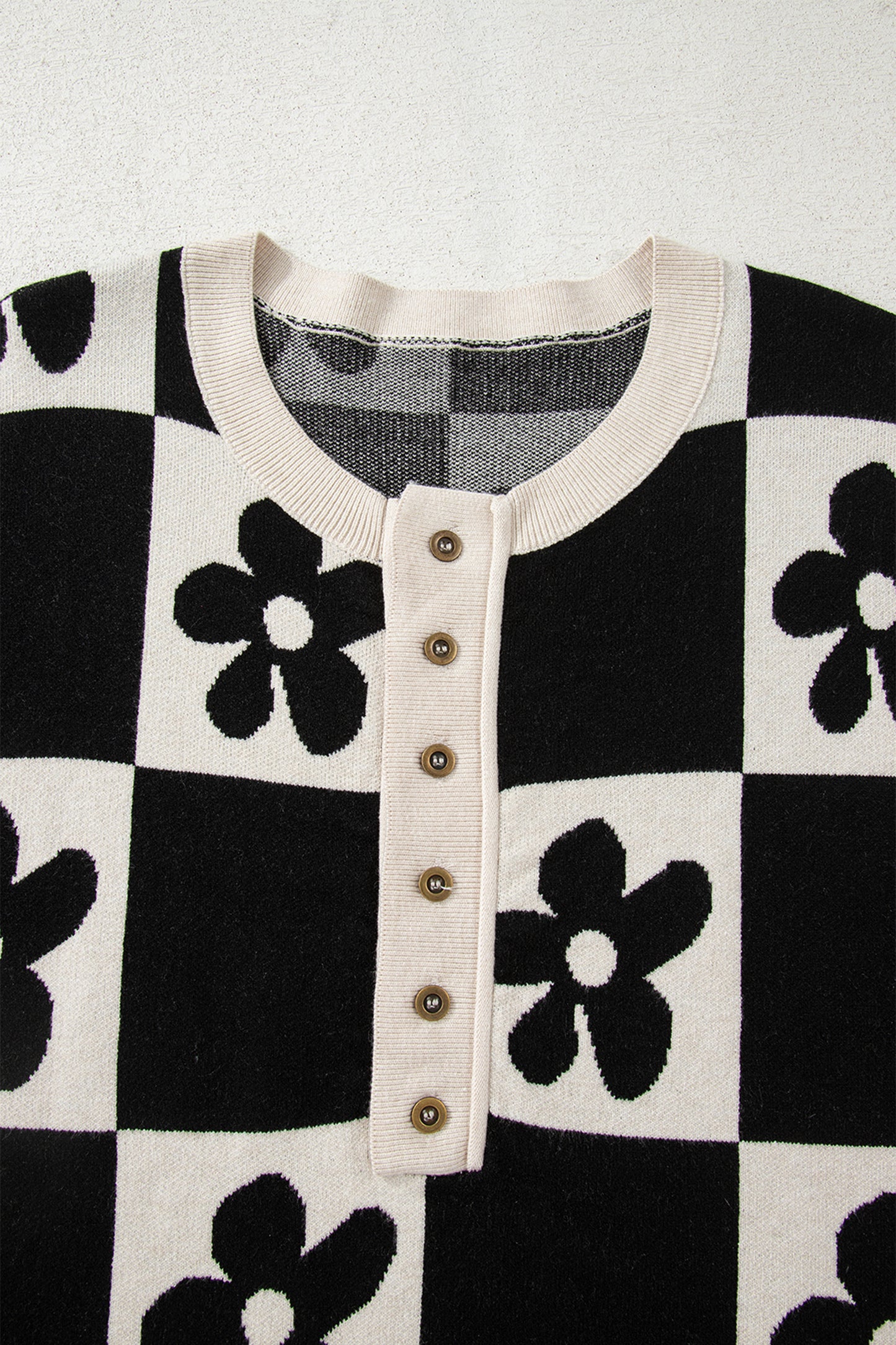 Black Flower Henley Sweater