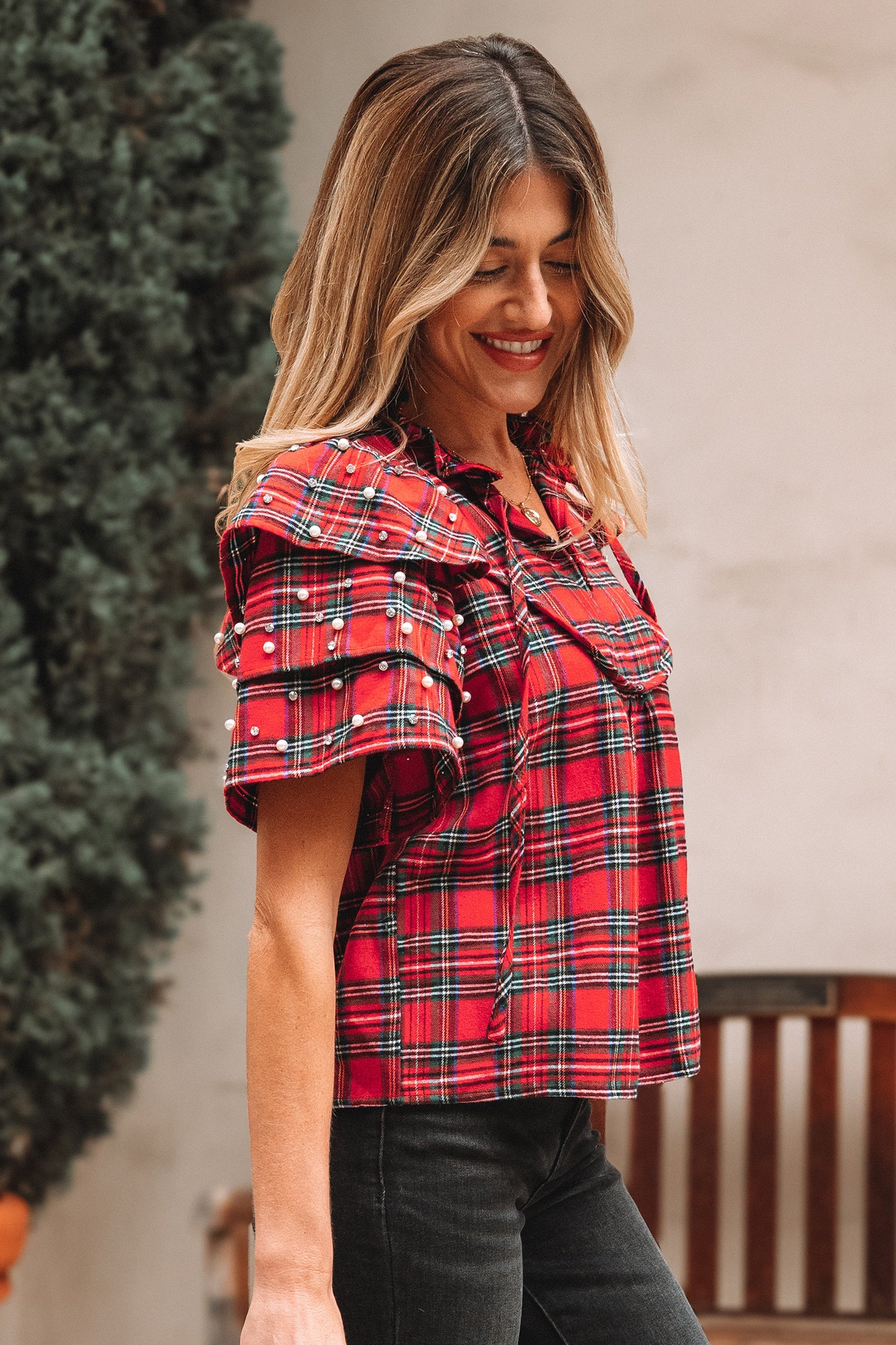 Festive Plaid Ruffle Sleeve Blouse