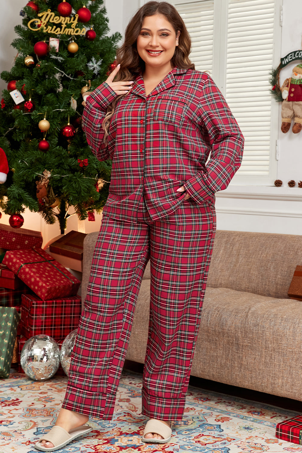 Red Plaid Plus Size Lounge Set