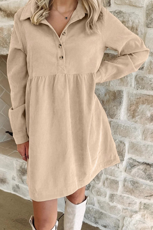 Corduroy Long Sleeve Mini Dress in Oatmeal