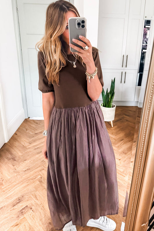 Coffee Knit Top Pleated Long Dress