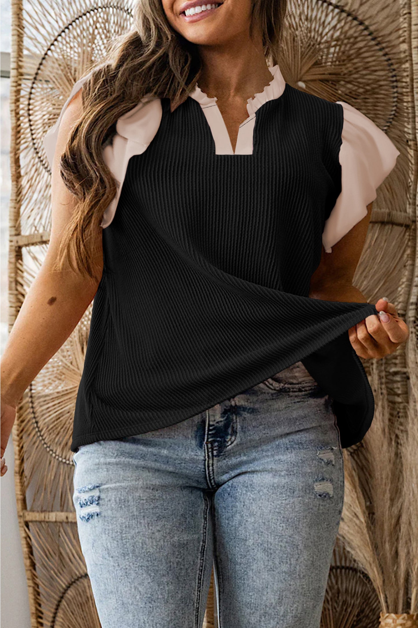 Ruffled Sleeve Ribbed Blouse in Plus Size