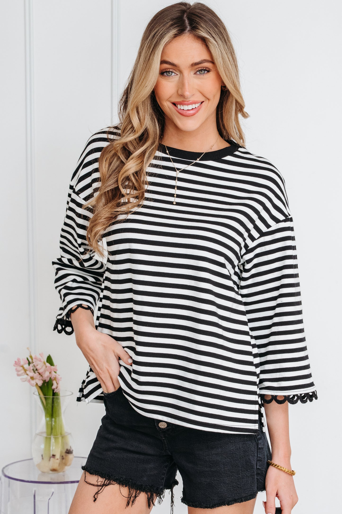 Black Striped Lace Trim Top