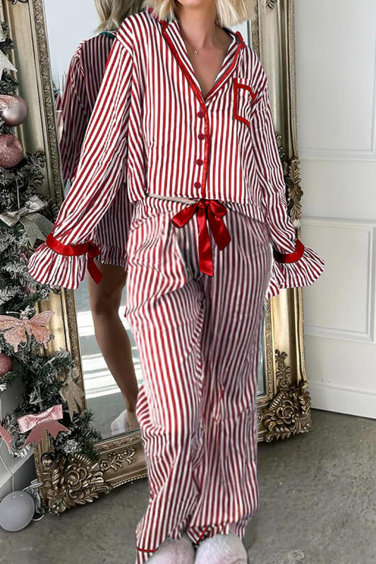 Red Striped Velvet Trim 2pc Pajama Set