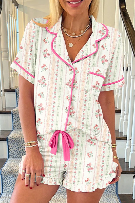 Pink Floral Contrast Piping 2pc Pajamas Set
