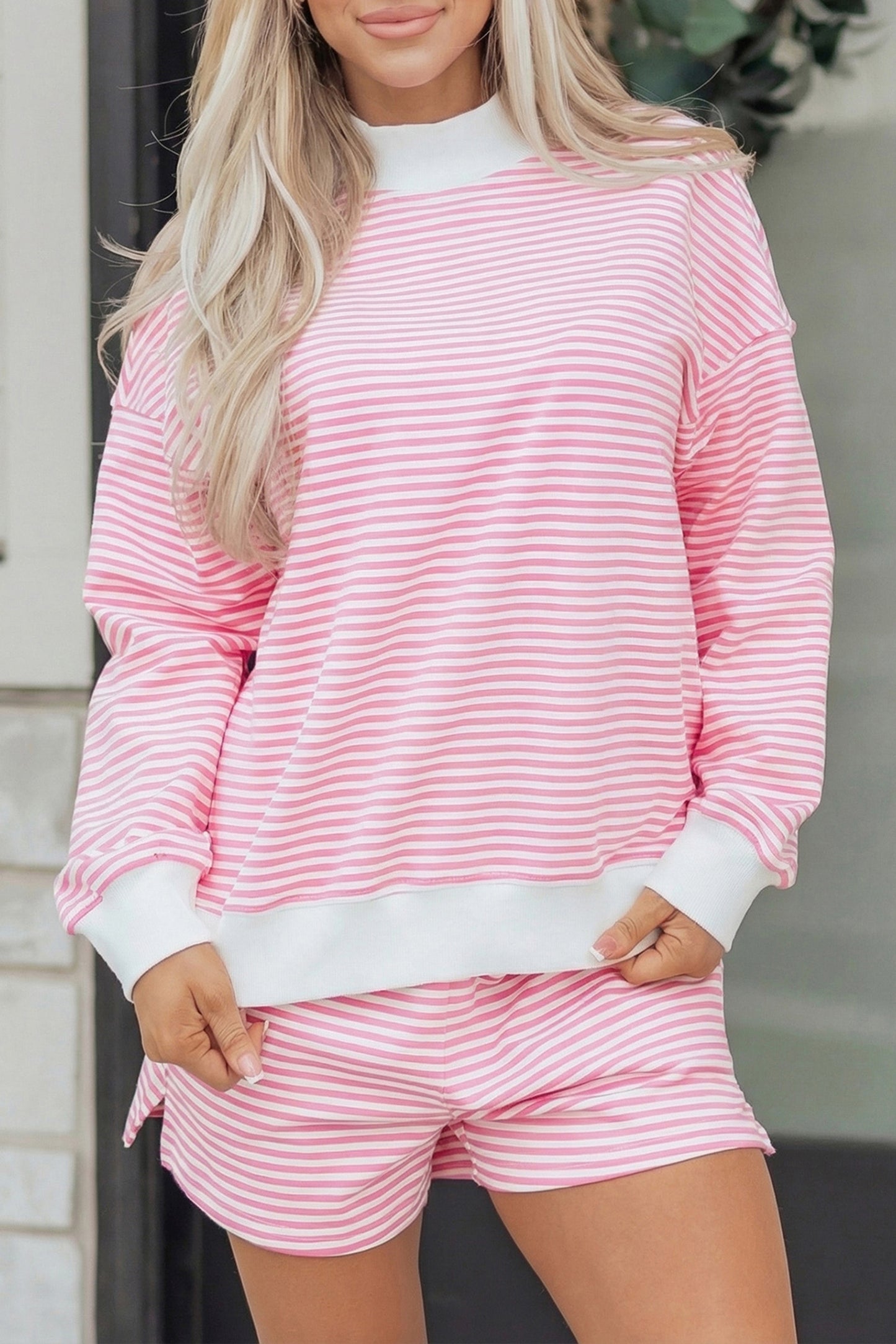 Pink Striped Sweatshirt and Shorts Set
